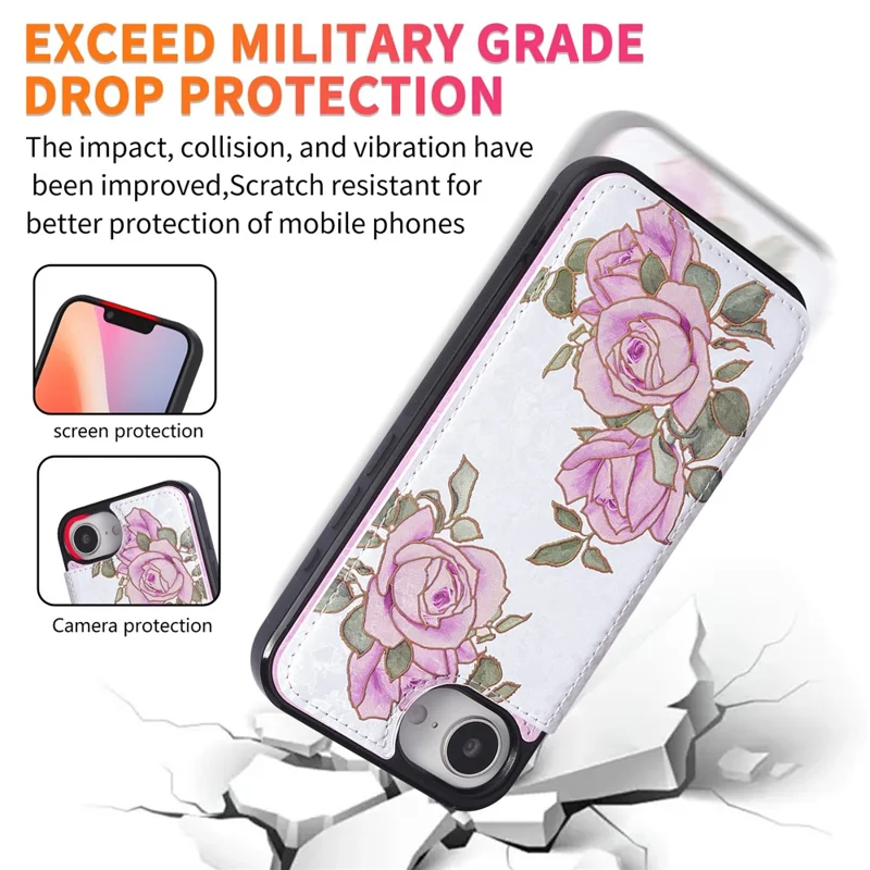For iPhone 16e Case Flower Leather TPU RFID Blocking Phone Cover Card Slots - Rose Flower