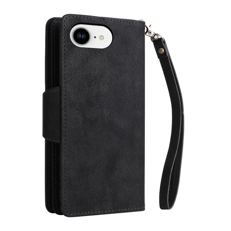 For iPhone 16e Hoesje met Rits Portemonnee Leren Standhoes Rivet Decor - Zwart