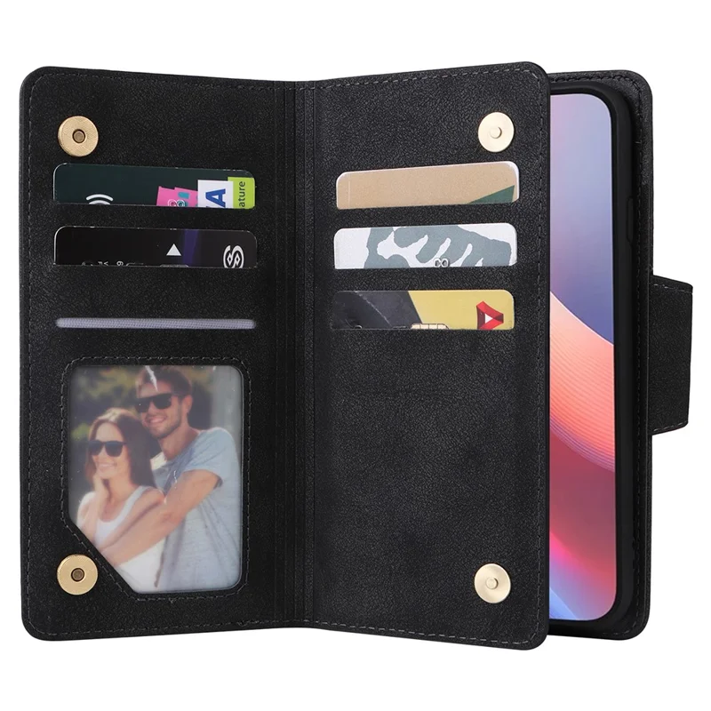 For iPhone 16e Hoesje met Rits Portemonnee Leren Standhoes Rivet Decor - Zwart