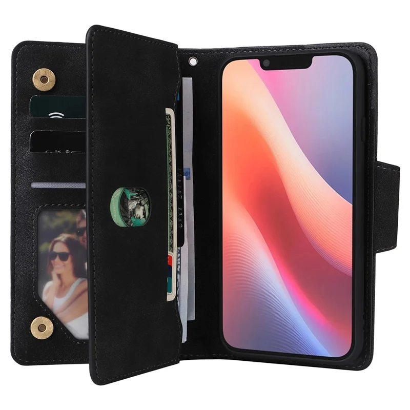 For iPhone 16e Hoesje met Rits Portemonnee Leren Standhoes Rivet Decor - Zwart