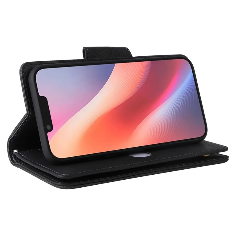 For iPhone 16e Hoesje met Rits Portemonnee Leren Standhoes Rivet Decor - Zwart