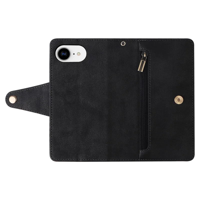 For iPhone 16e Hoesje met Rits Portemonnee Leren Standhoes Rivet Decor - Zwart
