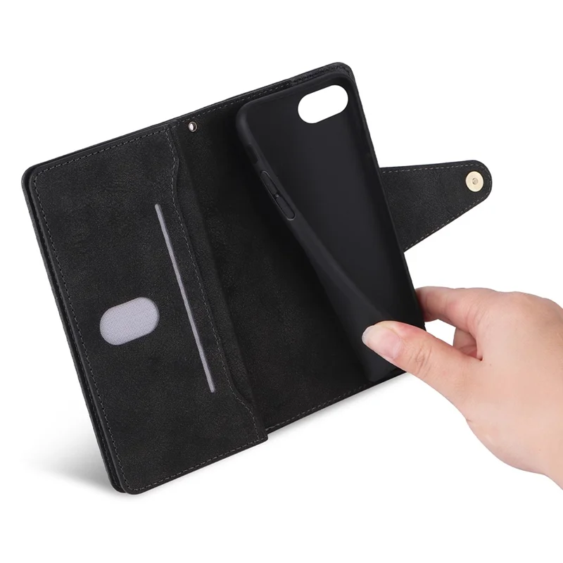 For iPhone 16e Hoesje met Rits Portemonnee Leren Standhoes Rivet Decor - Zwart