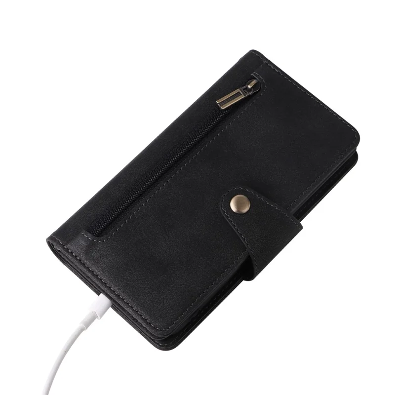 For iPhone 16e Hoesje met Rits Portemonnee Leren Standhoes Rivet Decor - Zwart