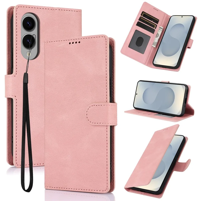 For Samsung Galaxy S25 Edge Case PU Leather Phone Cover with Wallet Stand - Pink