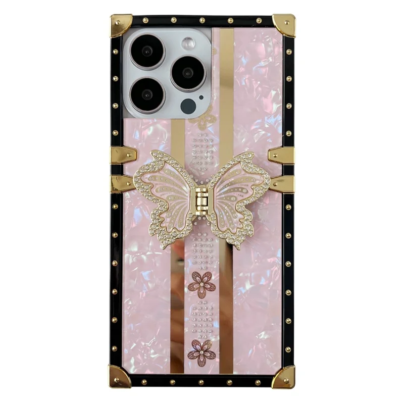 For iPhone 16 Pro Max Case TPU + PC Electroplated Butterfly Kickstand Phone Cover - Pink