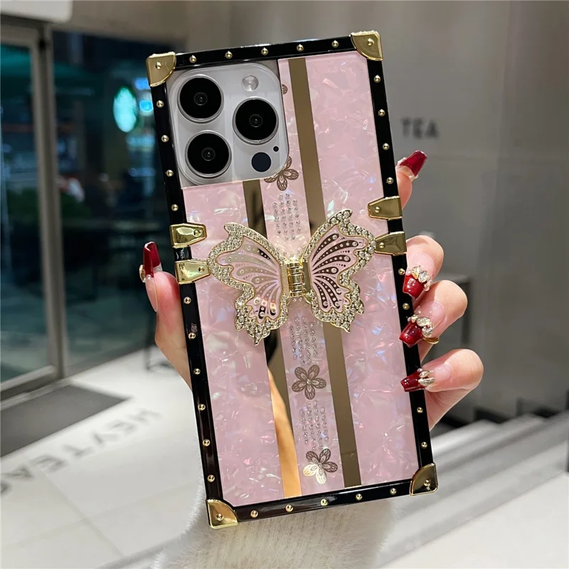 For iPhone 16 Pro Max Case TPU + PC Electroplated Butterfly Kickstand Phone Cover - Pink