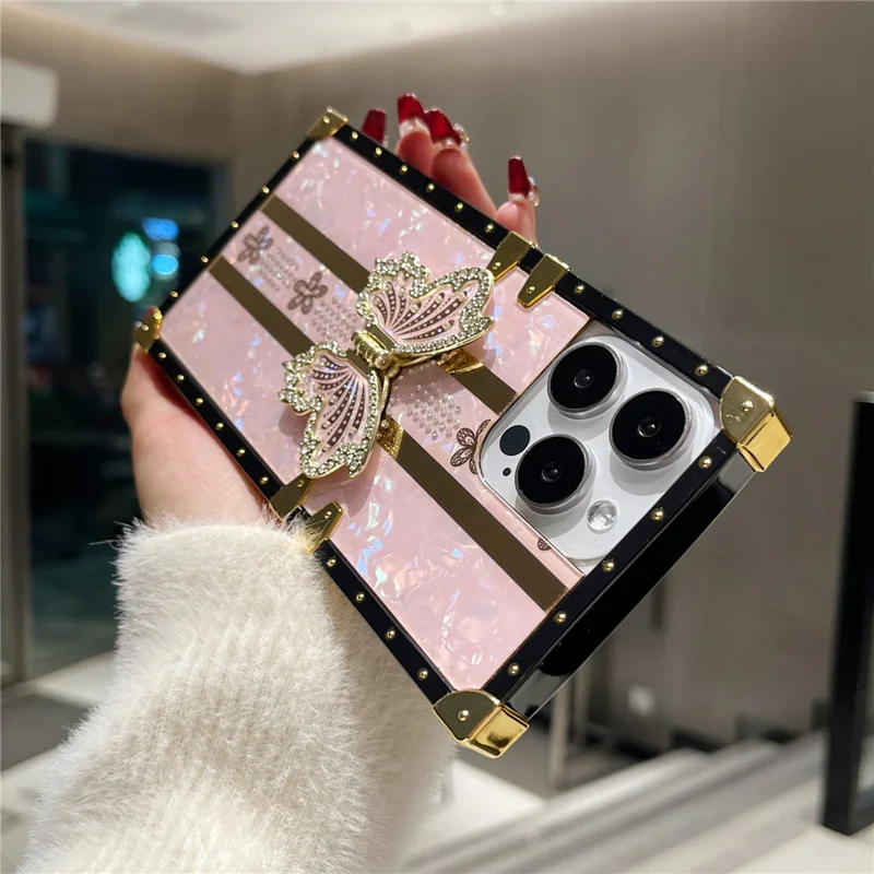 For iPhone 16 Pro Max Case TPU + PC Electroplated Butterfly Kickstand Phone Cover - Pink