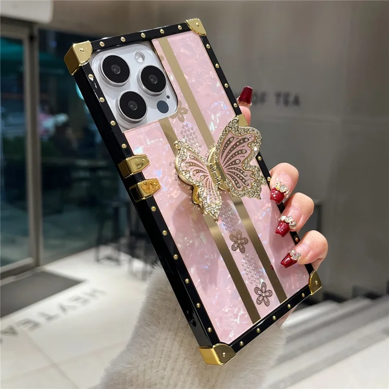 For iPhone 16 Pro Max Case TPU + PC Electroplated Butterfly Kickstand Phone Cover - Pink