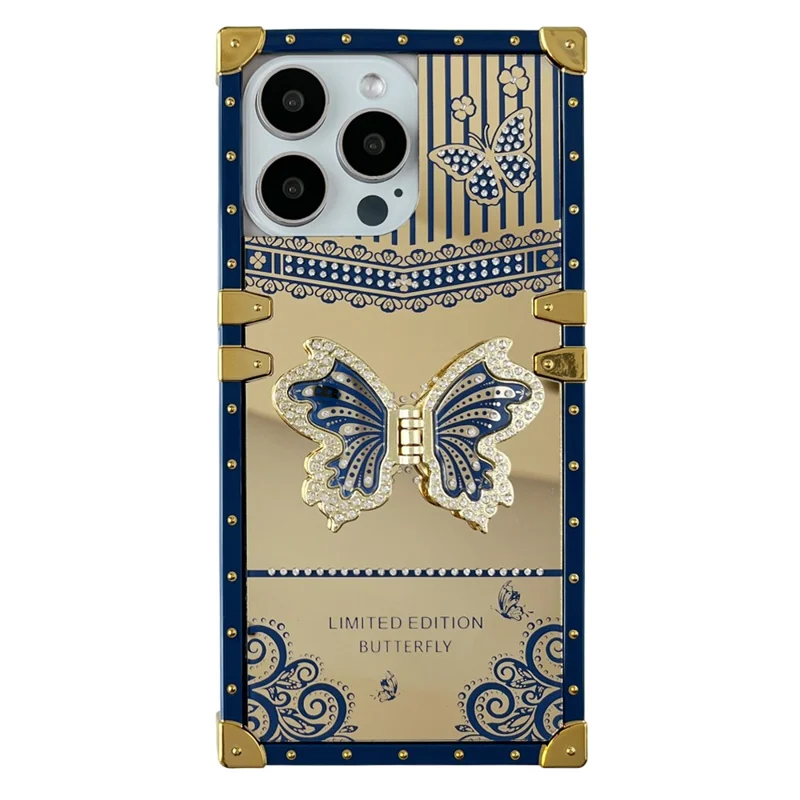 For iPhone 16 Pro Max Case Electroplated TPU + PC Phone Cover with Butterfly Kickstand - Navy Blue
