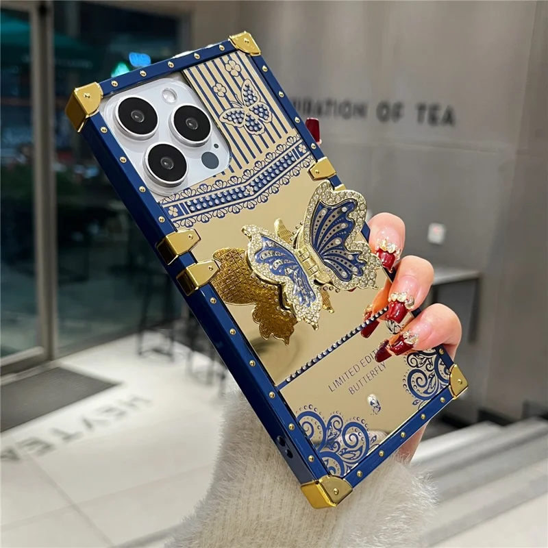 For iPhone 16 Pro Max Case Electroplated TPU + PC Phone Cover with Butterfly Kickstand - Navy Blue