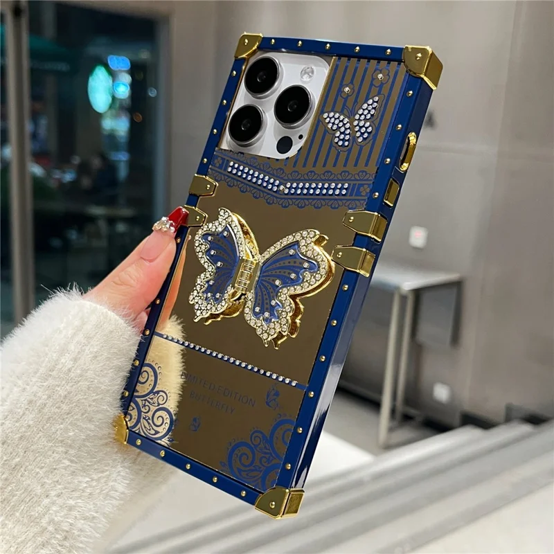 For iPhone 16 Pro Max Case Electroplated TPU + PC Phone Cover with Butterfly Kickstand - Navy Blue