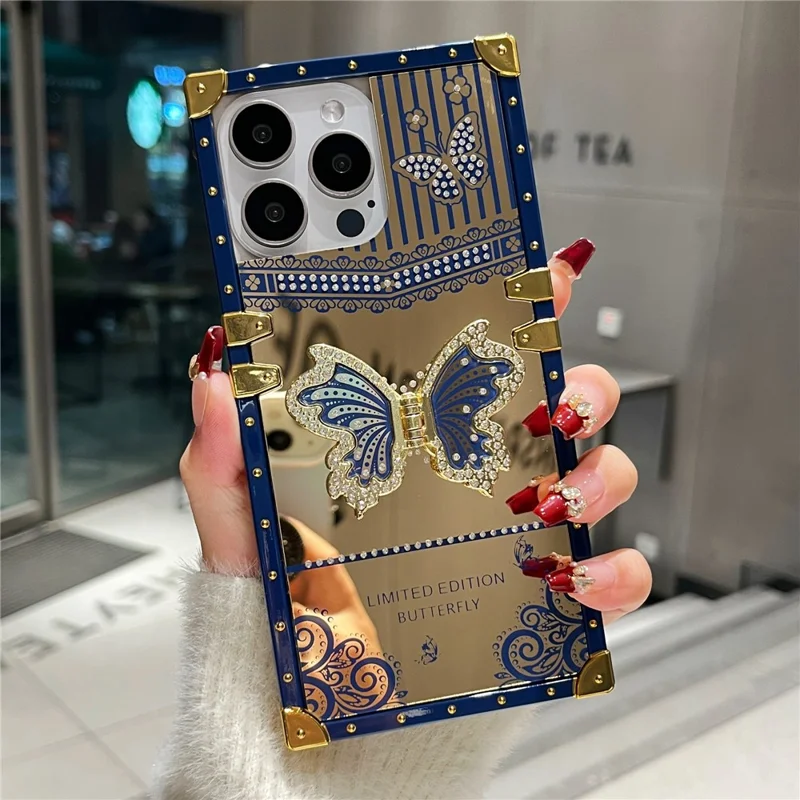 For iPhone 16 Pro Case Electroplated TPU + PC Phone Cover with Butterfly Kickstand - Navy Blue