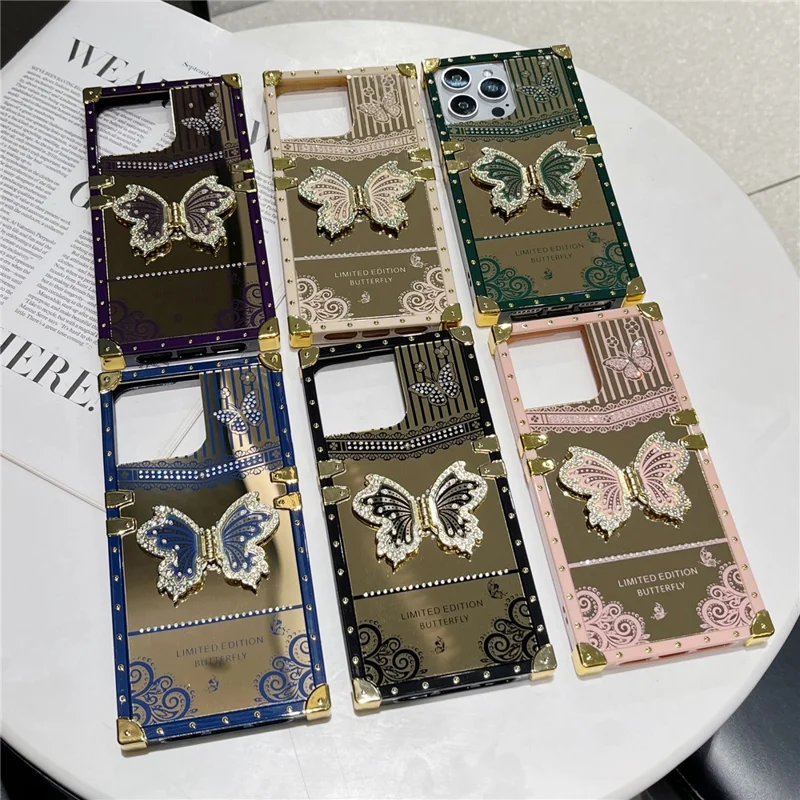 For iPhone 16 Pro Case Electroplated TPU + PC Phone Cover with Butterfly Kickstand - Navy Blue