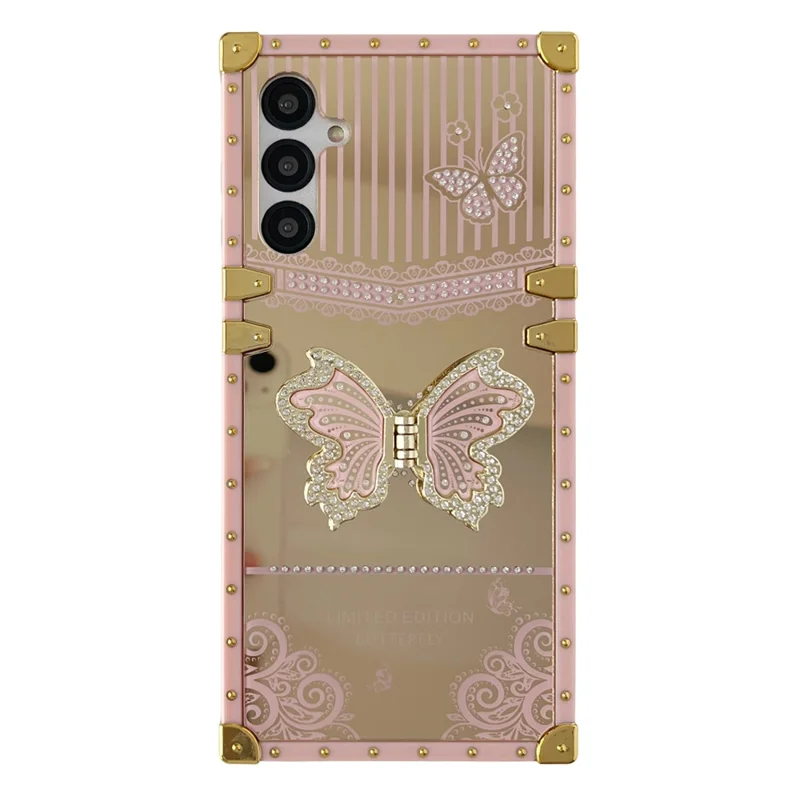 For Samsung Galaxy A55 5G Case Electroplated TPU + PC Phone Cover with Butterfly Kickstand - Pink