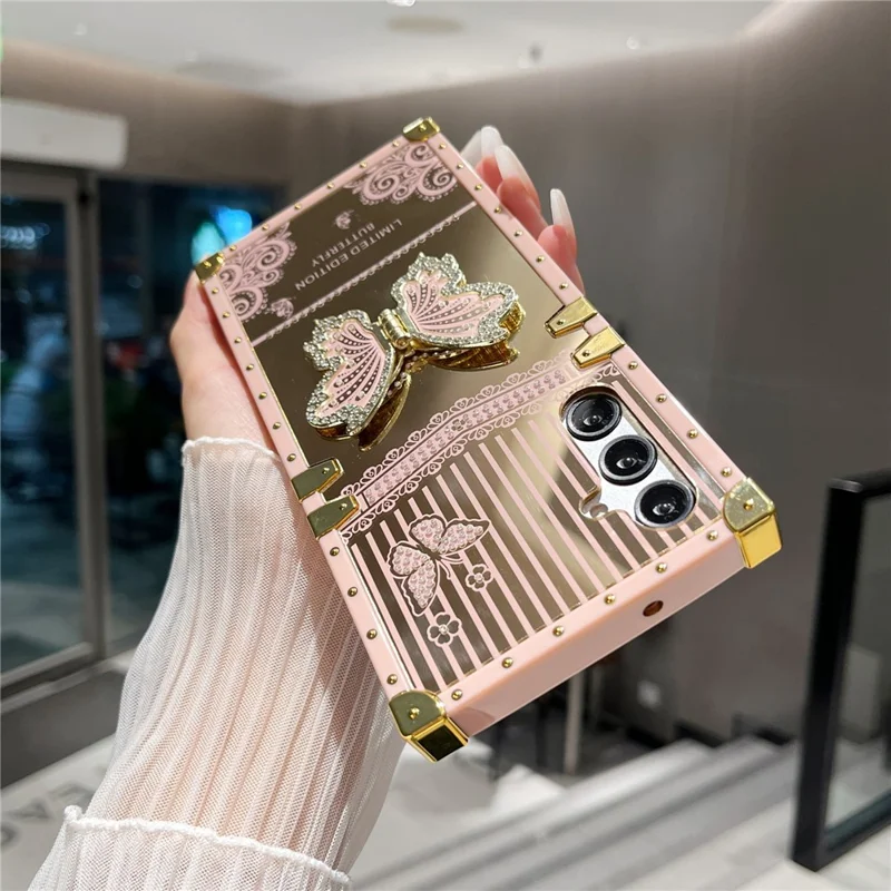 For Samsung Galaxy A55 5G Case Electroplated TPU + PC Phone Cover with Butterfly Kickstand - Pink