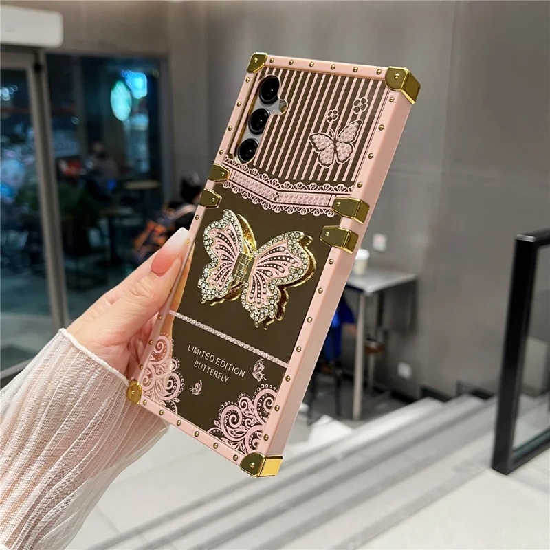 For Samsung Galaxy A55 5G Case Electroplated TPU + PC Phone Cover with Butterfly Kickstand - Pink