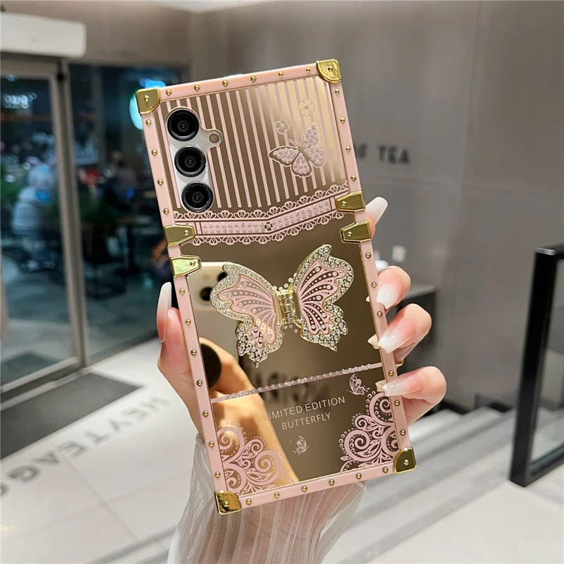 For Samsung Galaxy A55 5G Case Electroplated TPU + PC Phone Cover with Butterfly Kickstand - Pink