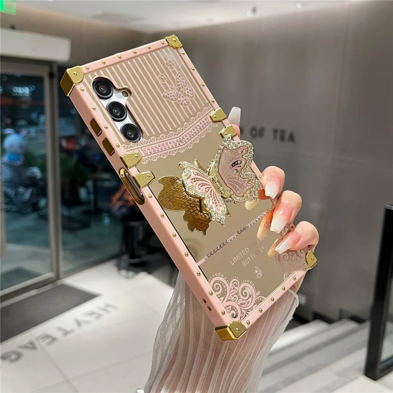 For Samsung Galaxy A55 5G Case Electroplated TPU + PC Phone Cover with Butterfly Kickstand - Pink