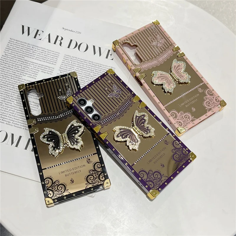 For Samsung Galaxy A55 5G Case Electroplated TPU + PC Phone Cover with Butterfly Kickstand - Pink