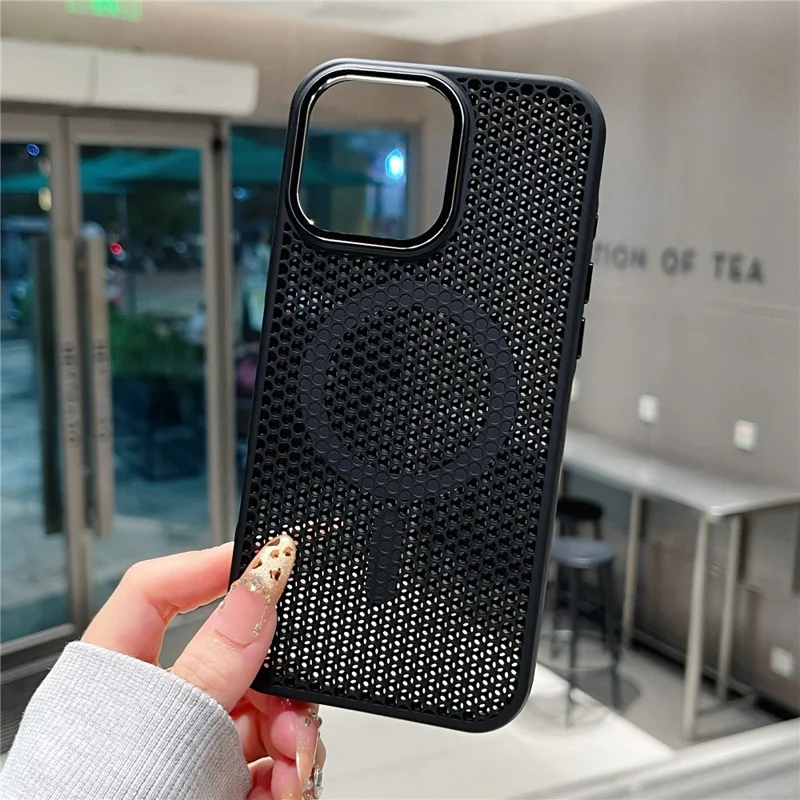 Pour iPhone 16 Pro Étui Magnétique avec Maille Électroplaquée Dissipation Thermique TPU+PC Coque Arrière de Téléphone - Noir