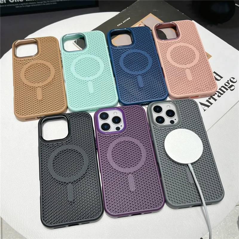 Pour iPhone 16 Pro Étui Magnétique avec Maille Électroplaquée Dissipation Thermique TPU+PC Coque Arrière de Téléphone - Noir