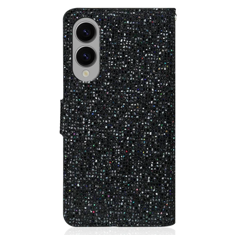 For Samsung Galaxy S25 Edge Case PU Leather Wallet Card Slots Glitter Phone Cover - Black