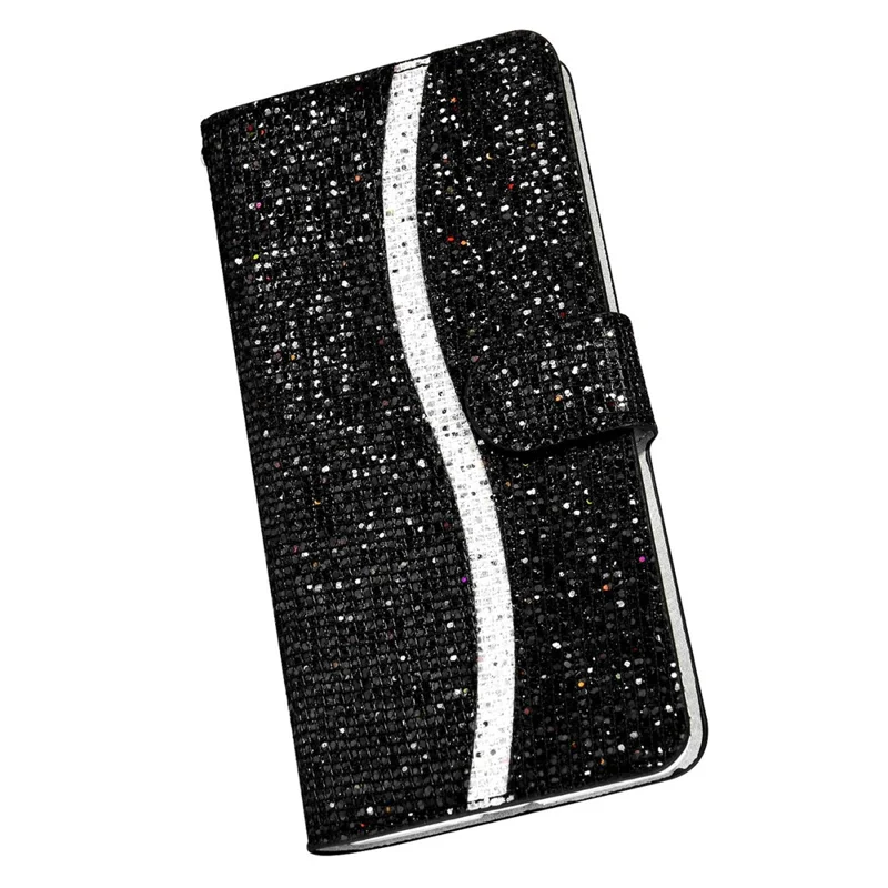 For Samsung Galaxy S25 Edge Case PU Leather Wallet Card Slots Glitter Phone Cover - Black