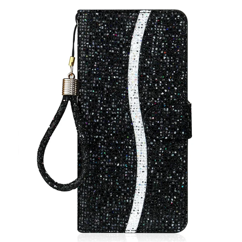 For Samsung Galaxy S25 Edge Case PU Leather Wallet Card Slots Glitter Phone Cover - Black