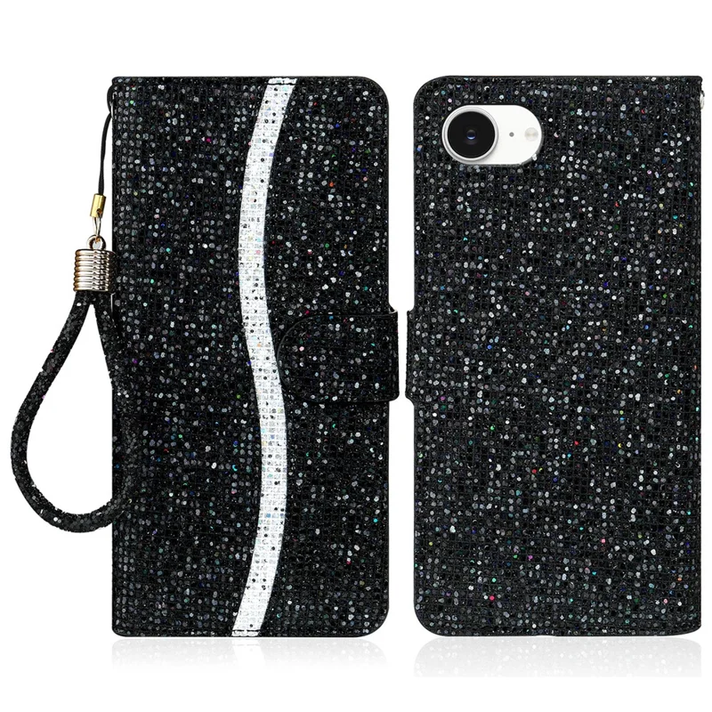 For iPhone 16e Hoesje PU Leren Portemonnee met Kaartslots Glitter Telefoonhoes - Zwart