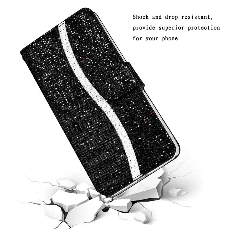 For iPhone 16e Hoesje PU Leren Portemonnee met Kaartslots Glitter Telefoonhoes - Zwart