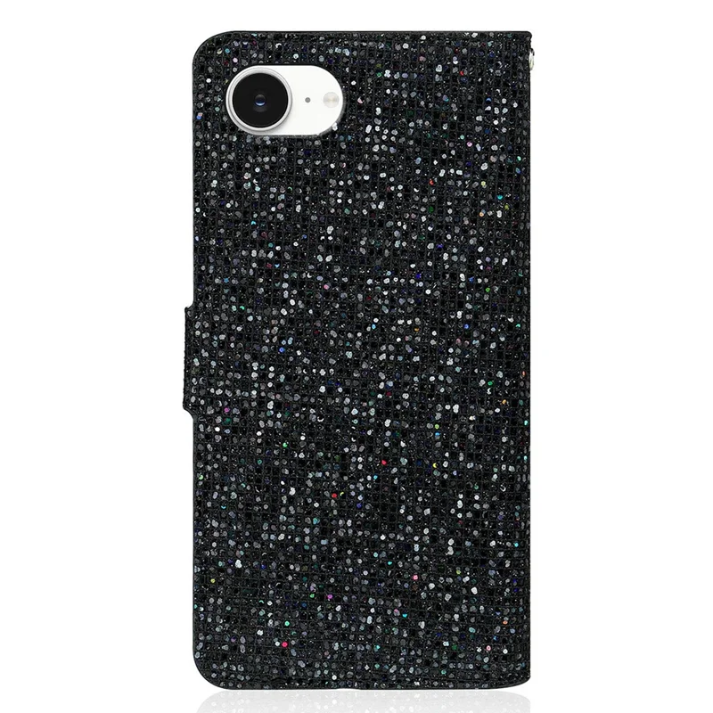 For iPhone 16e Hoesje PU Leren Portemonnee met Kaartslots Glitter Telefoonhoes - Zwart