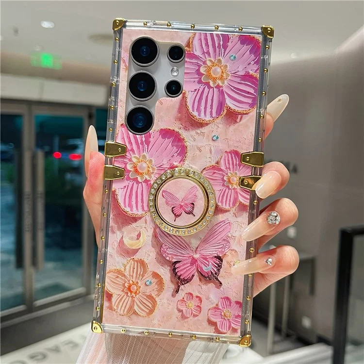 For Samsung Galaxy S25 Ultra Case Stylish Flower Butterfly Pattern Ring Kickstand TPU + PC Phone Cover - Pink