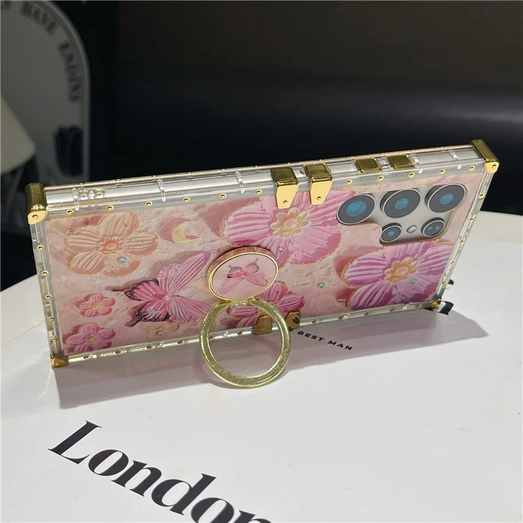 For Samsung Galaxy S25 Ultra Case Stylish Flower Butterfly Pattern Ring Kickstand TPU + PC Phone Cover - Pink