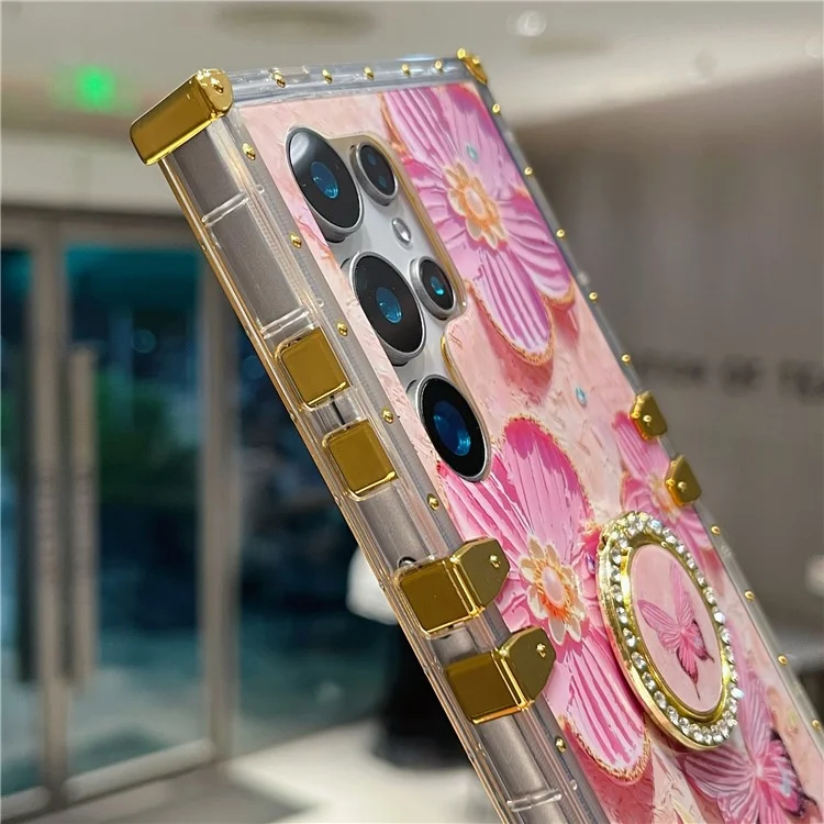 For Samsung Galaxy S25 Ultra Case Stylish Flower Butterfly Pattern Ring Kickstand TPU + PC Phone Cover - Pink