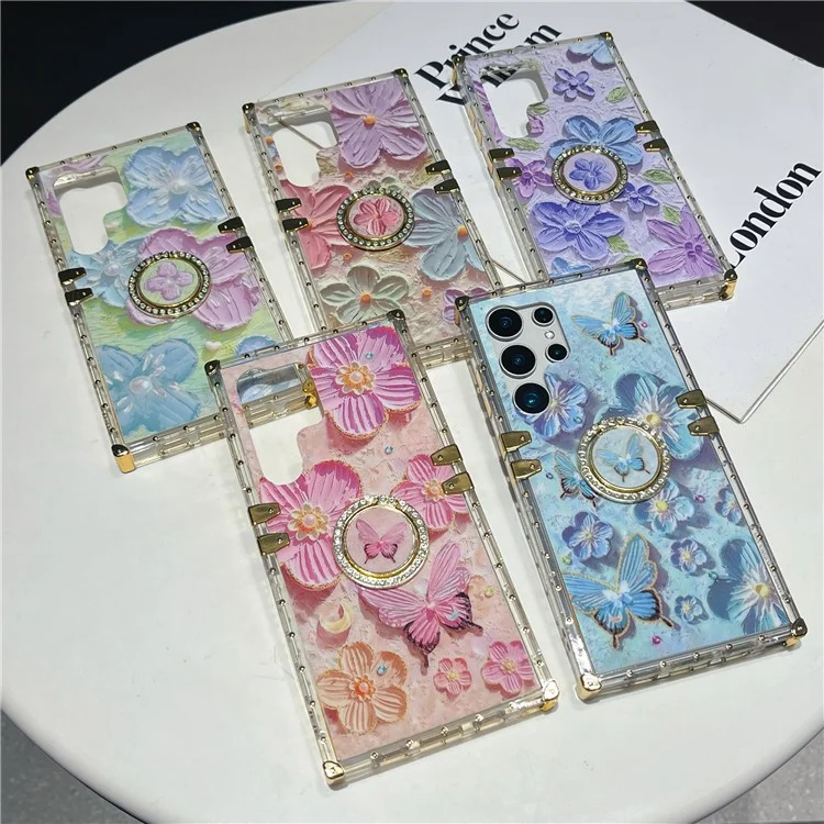 For Samsung Galaxy S25 Ultra Case Stylish Flower Butterfly Pattern Ring Kickstand TPU + PC Phone Cover - Pink