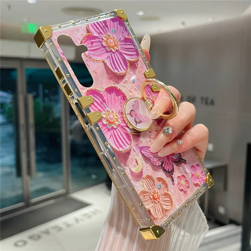 For Samsung Galaxy A16 5G / A16 4G Case Stylish Flower Butterfly Pattern Ring Kickstand TPU + PC Phone Cover - Pink