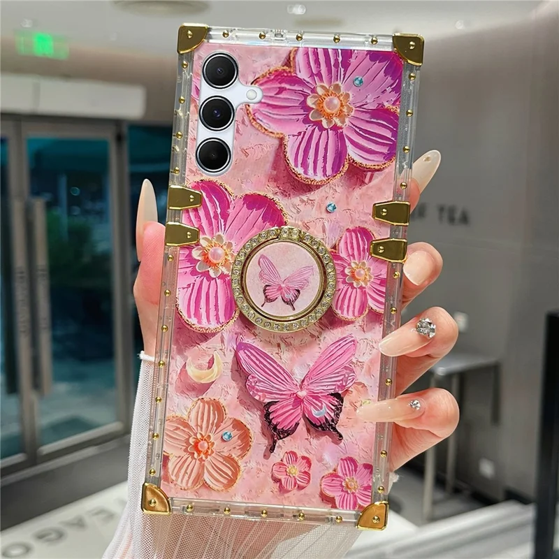 For Samsung Galaxy A55 5G Case Stylish Flower Butterfly Pattern Ring Kickstand TPU + PC Phone Cover - Pink