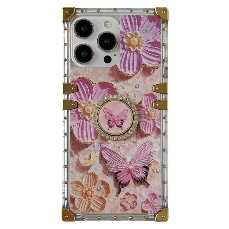 For iPhone 16 Pro Max Case Stylish Flower Butterfly Pattern Ring Kickstand TPU + PC Phone Cover - Pink