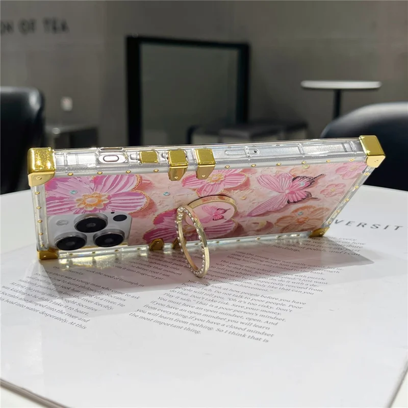 For iPhone 16 Pro Max Case Stylish Flower Butterfly Pattern Ring Kickstand TPU + PC Phone Cover - Pink