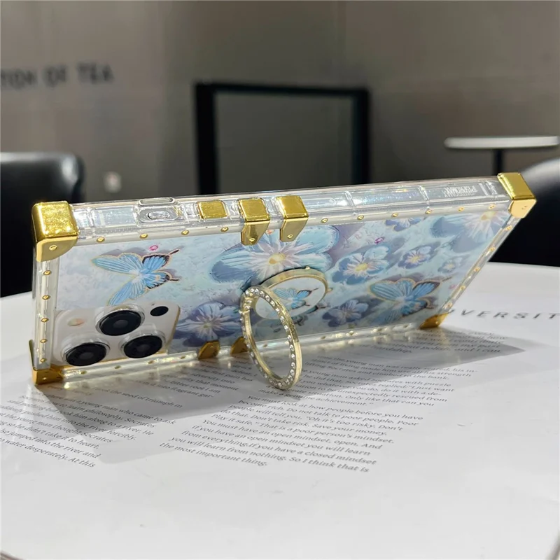 For iPhone 16 Pro Max Case Stylish Flower Butterfly Pattern Ring Kickstand TPU + PC Phone Cover - Blue