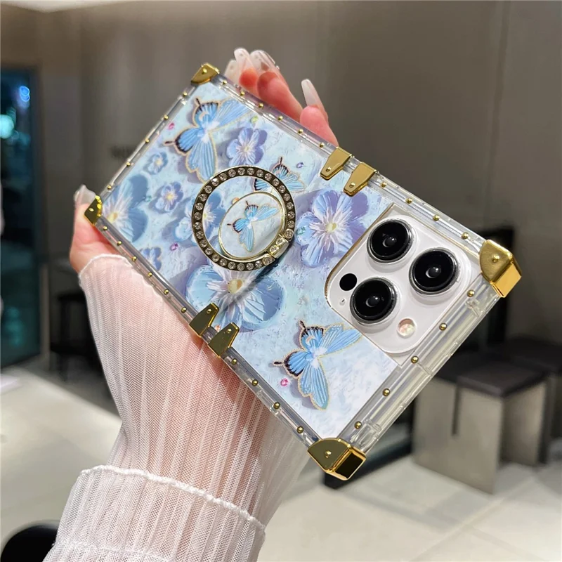 For iPhone 16 Pro Max Case Stylish Flower Butterfly Pattern Ring Kickstand TPU + PC Phone Cover - Blue