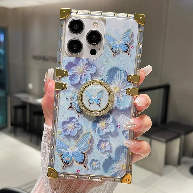 For iPhone 16 Pro Max Case Stylish Flower Butterfly Pattern Ring Kickstand TPU + PC Phone Cover - Blue