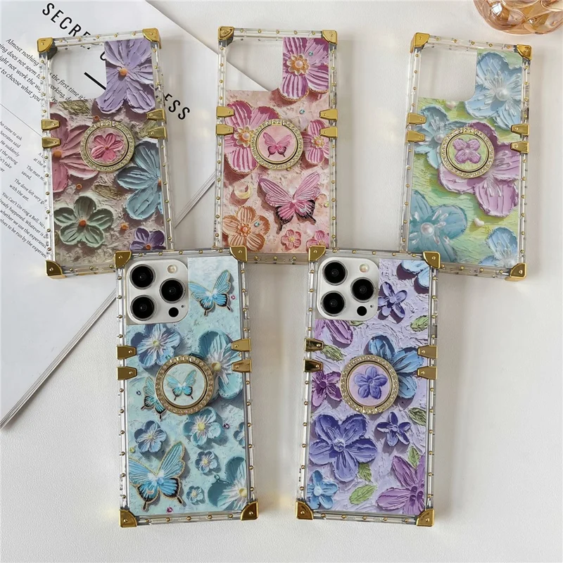 For iPhone 16 Pro Max Case Stylish Flower Butterfly Pattern Ring Kickstand TPU + PC Phone Cover - Blue