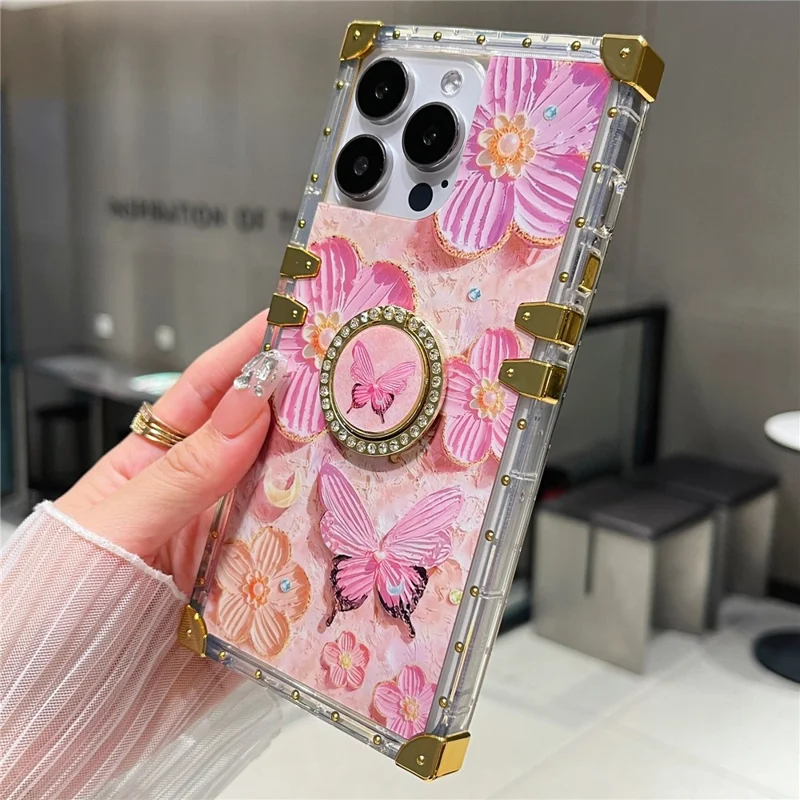 For iPhone 16 Pro Case Stylish Flower Butterfly Pattern Ring Kickstand TPU + PC Phone Cover - Pink