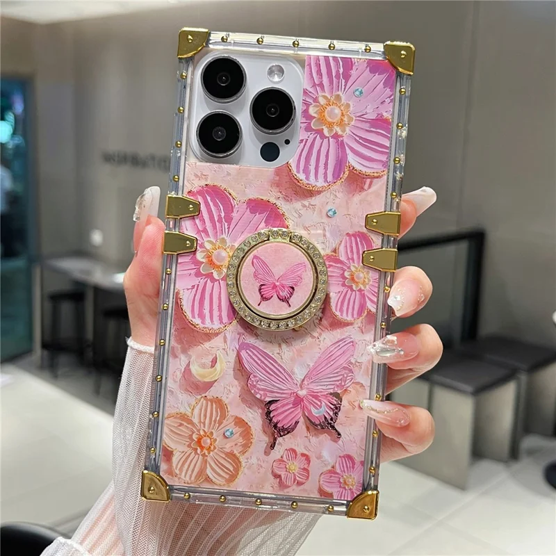 For iPhone 16 Pro Case Stylish Flower Butterfly Pattern Ring Kickstand TPU + PC Phone Cover - Pink