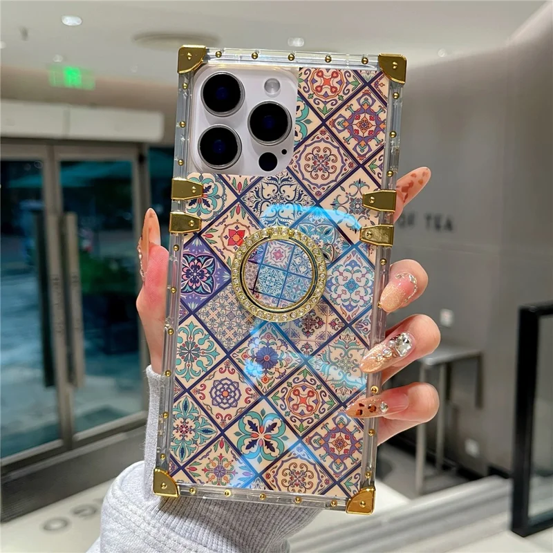 For iPhone 16 Pro Case Ethnic Style Pattern Electroplating TPU + PC Phone Cover with Kickstand - 4#