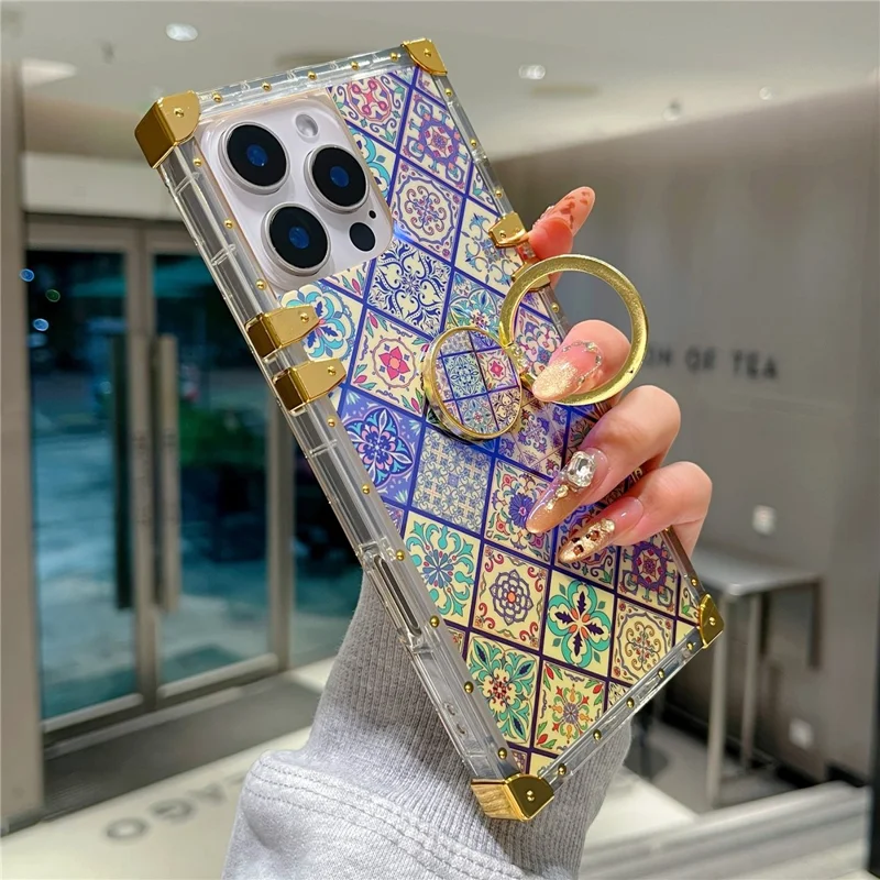 For iPhone 16 Pro Case Ethnic Style Pattern Electroplating TPU + PC Phone Cover with Kickstand - 4#