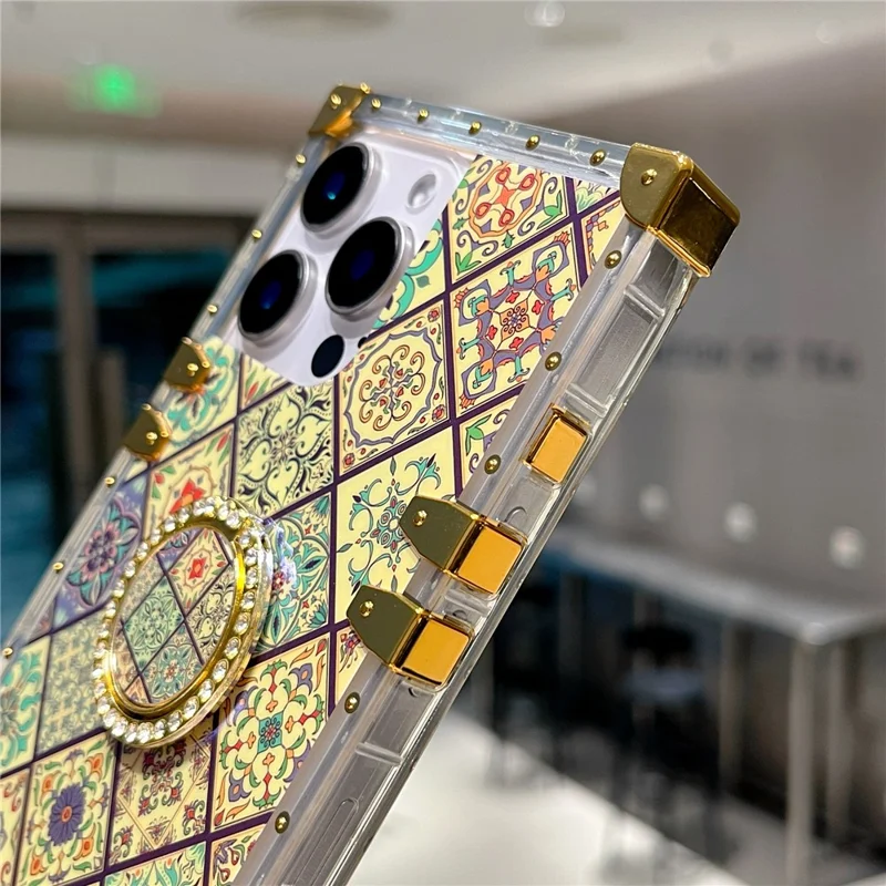 For iPhone 16 Pro Case Ethnic Style Pattern Electroplating TPU + PC Phone Cover with Kickstand - 4#