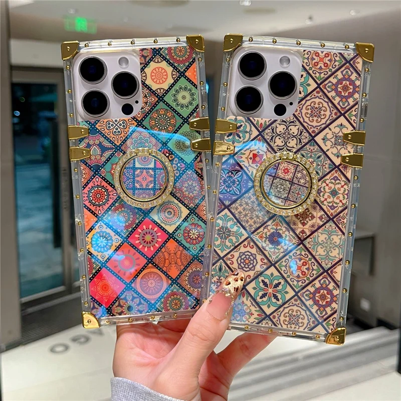 For iPhone 16 Pro Max Case Ethnic Style Pattern Electroplating TPU + PC Phone Cover with Kickstand - 4#